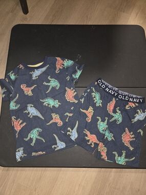 Old Navy Navy Blue Dinosaur Pajama Set with Red, Green & Light Blue Dinosaurs
